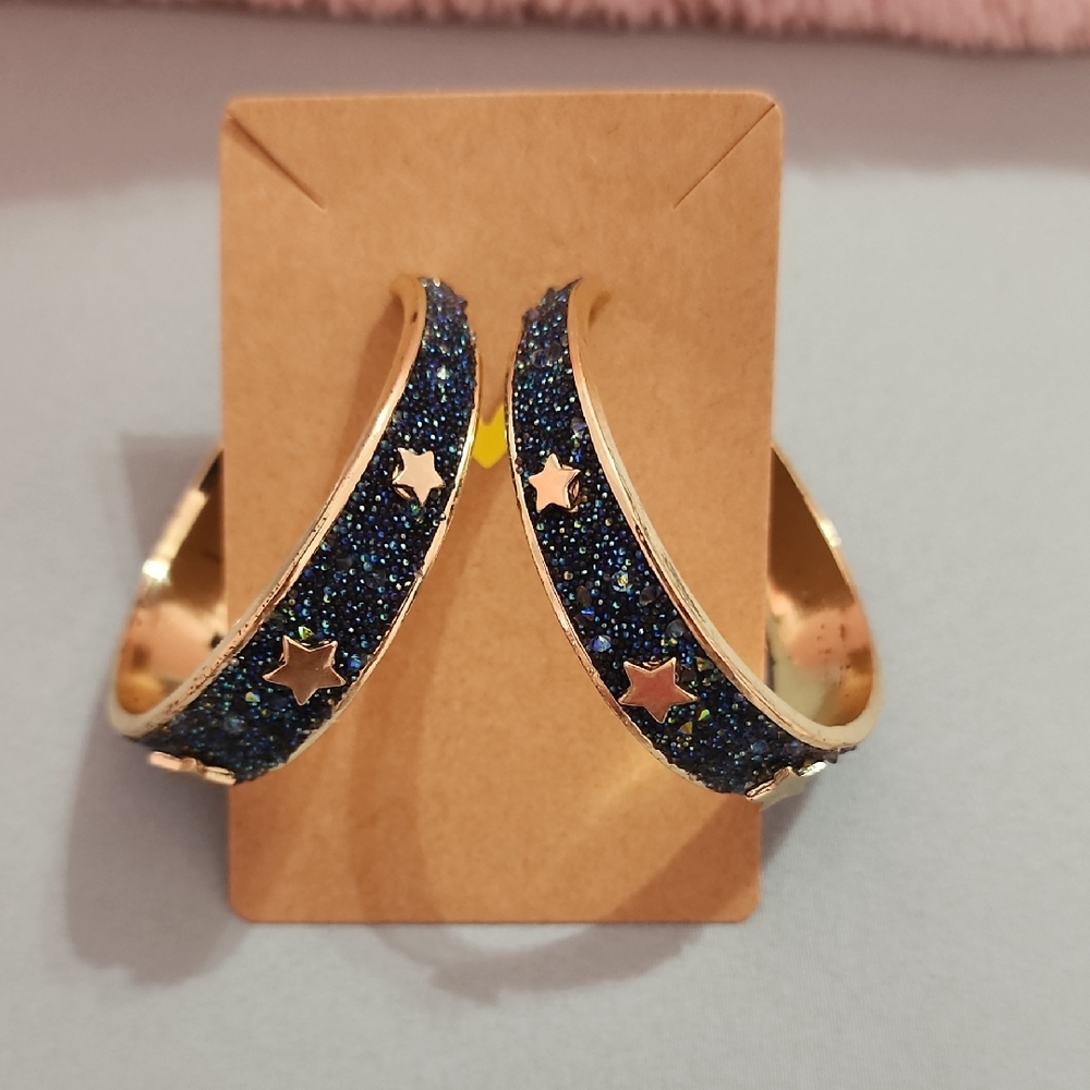 Geometric Gold and Blue Sparkle STAR Earrings